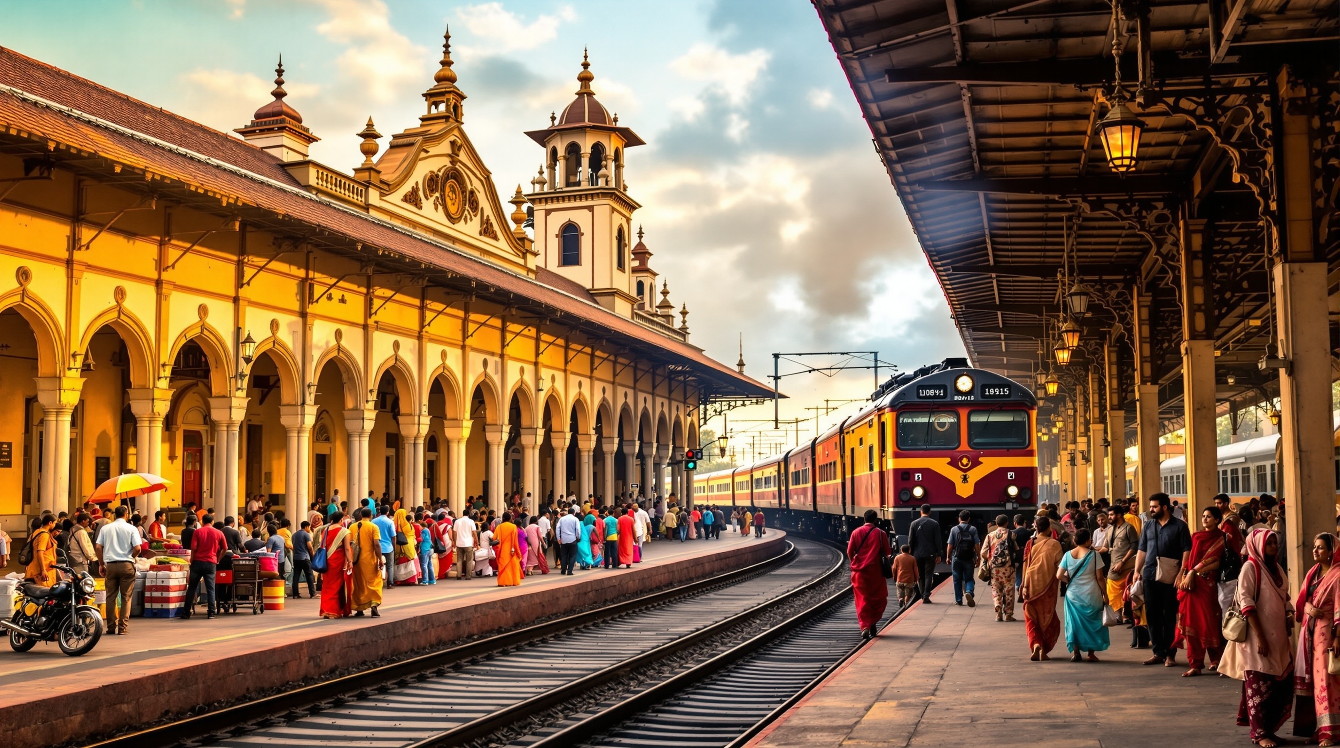 Historic Godhra Railway Station with colonial architecture and bustling platform