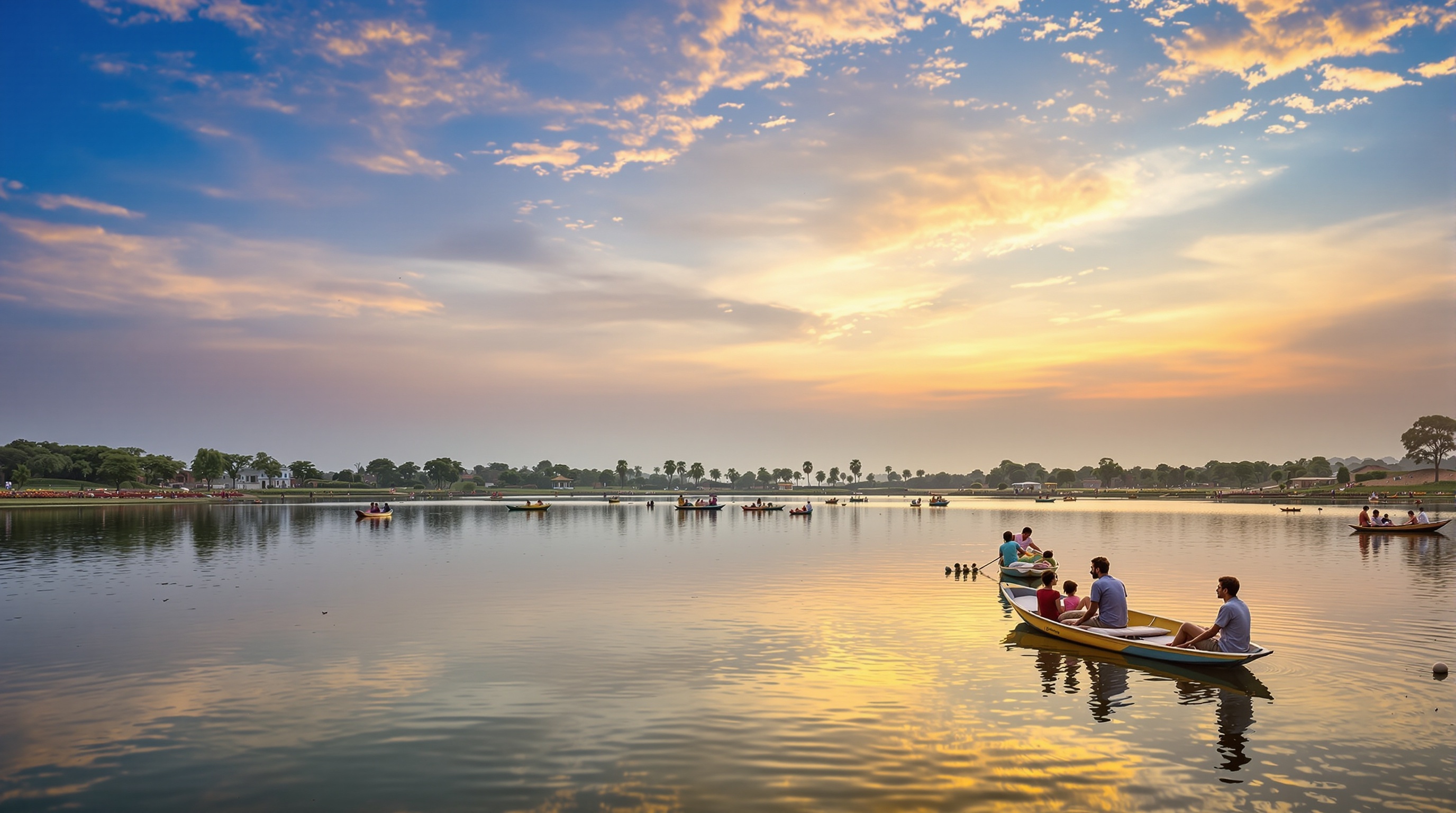 Kanelav Lake Godhra with sunset reflections and boats